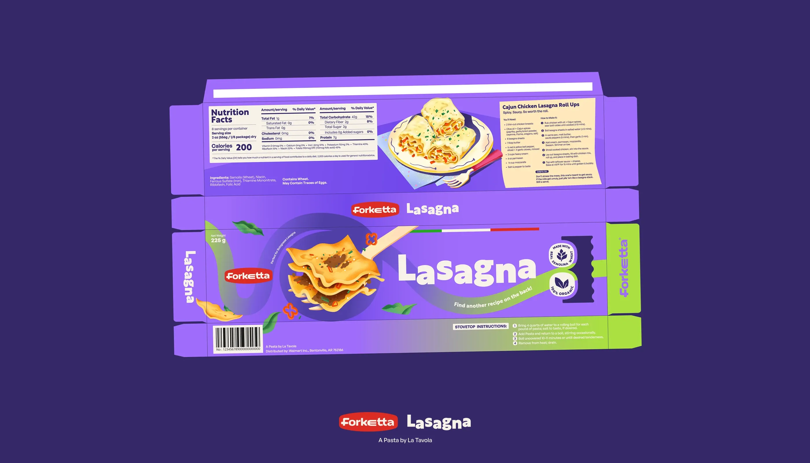 Flat dieline of the Forketta Lasagna box showing front, back, nutrition panel and recipe