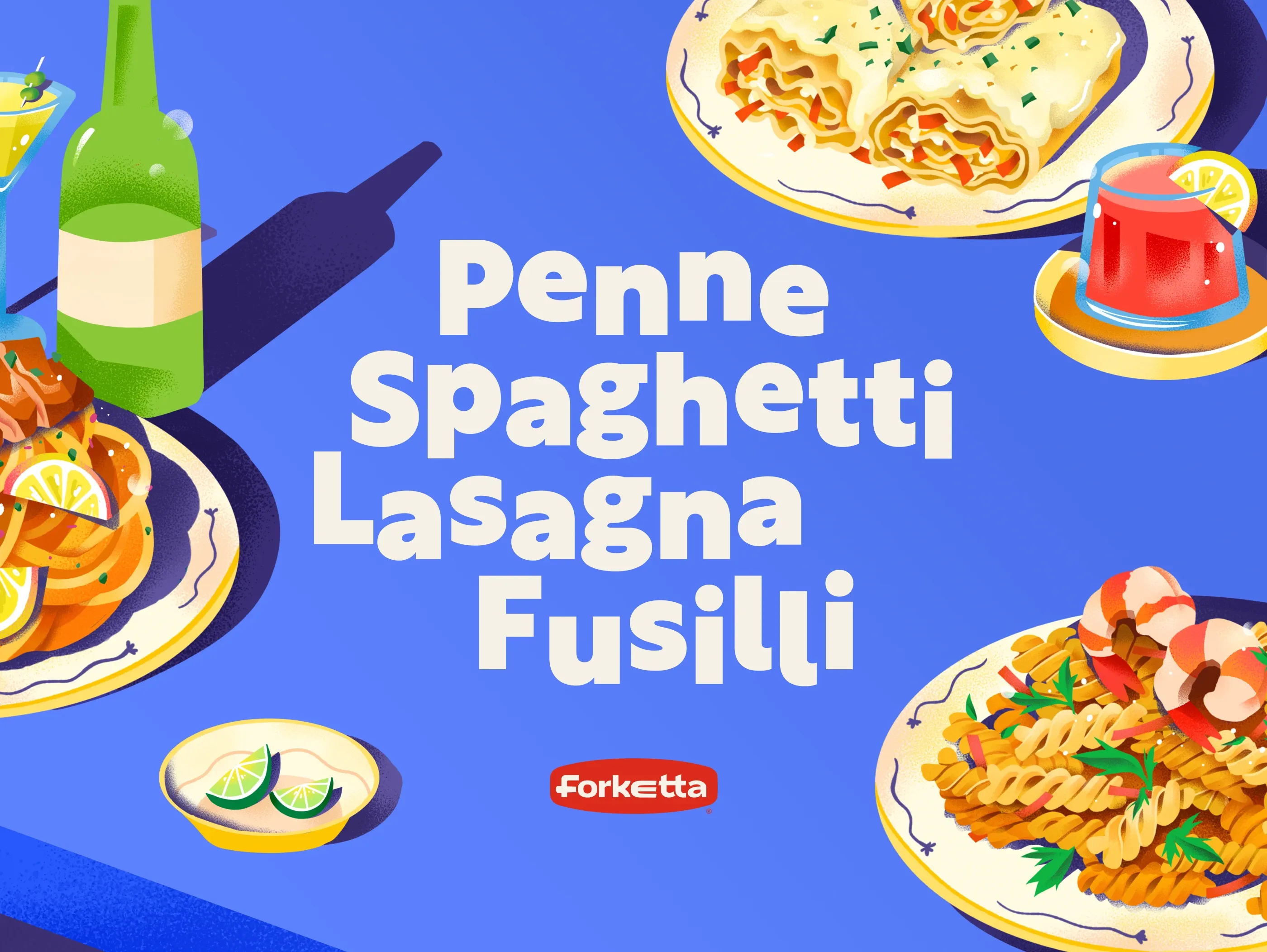 Forketta illustration scene with stylised pasta dishes and the SKU names Penne, Spaghetti, Lasagna and Fusilli